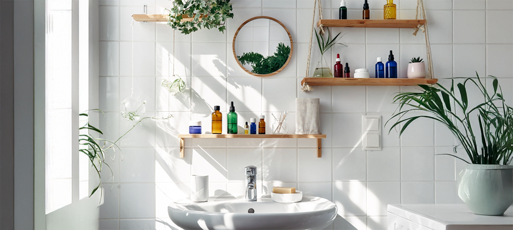 Minimalist vanity with open shelving and plants Minimalist vanity with open shelving and plants