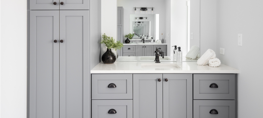 Gray shaker style vanity with tall storage cabinet Gray shaker style vanity with tall storage cabinet