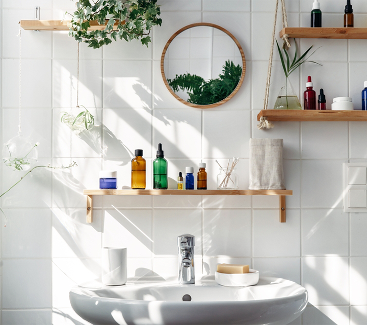 Minimalist vanity with open shelving and plants Minimalist vanity with open shelving and plants