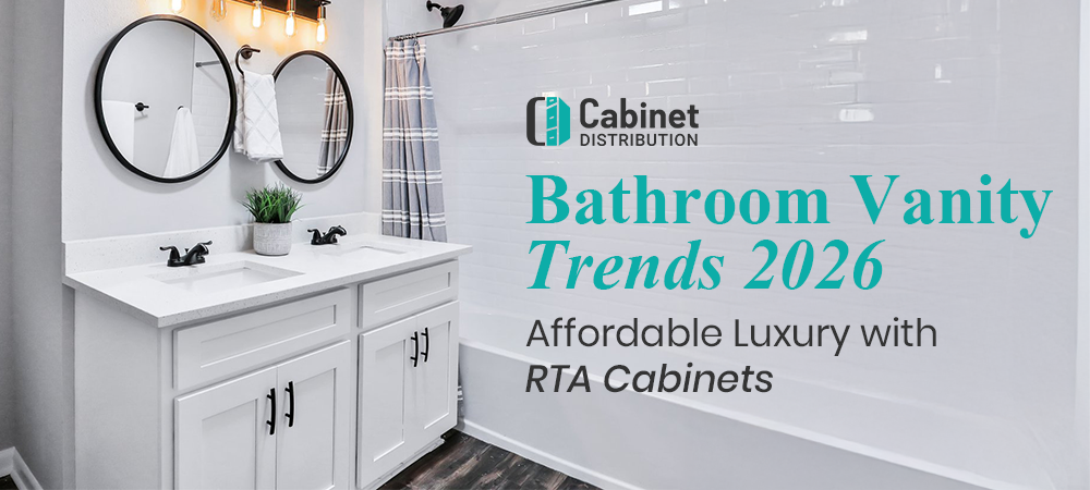 Modern bathroom vanity with double sink, white cabinets, and RTA cabinet design trends 2026