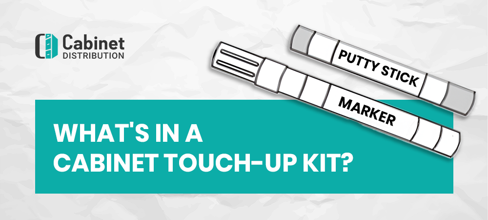 Illustration of a cabinet touch-up kit containing a putty stick and a marker, with text that reads: 'What's in a Cabinet Touch-Up Kit?