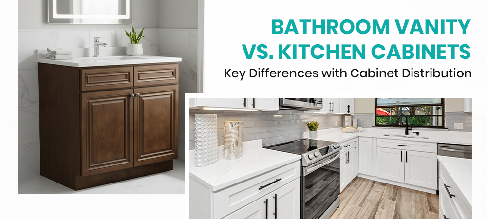 Bathroom vanity vs. kitchen cabinets showing a wood bathroom vanity and white kitchen cabinets highlighting size, depth, and storage differences