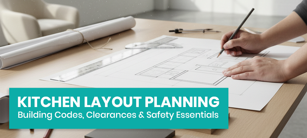 Kitchen layout planning diagram showing walkway clearances, appliance spacing, and safety zones
