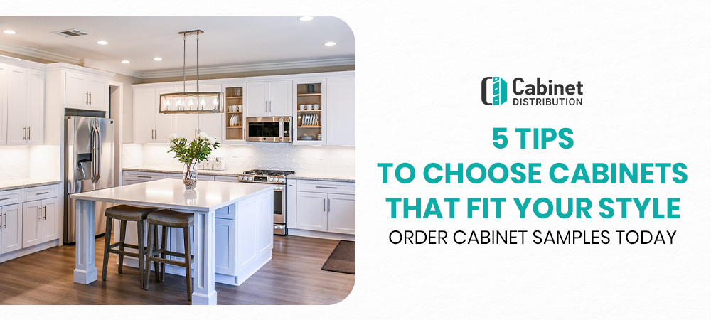 Modern white kitchen with shaker cabinets and text promoting cabinet style selection tips