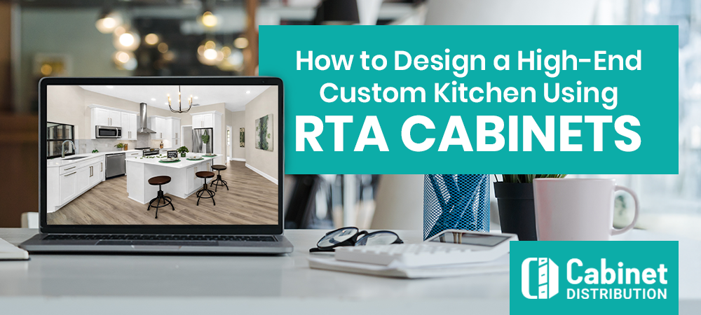 RTA kitchen cabinets featured in a high-end custom kitchen design displayed on a laptop with modern workspace setting