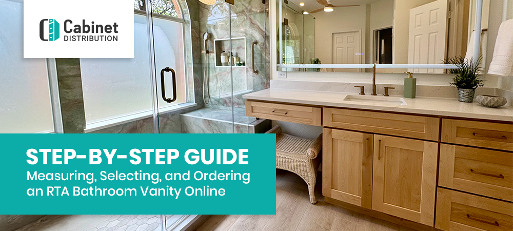 Modern bathroom with wooden RTA bathroom vanity, quartz countertop, and spacious walk-in shower – Step-by-Step Guide by Cabinet Distribution
