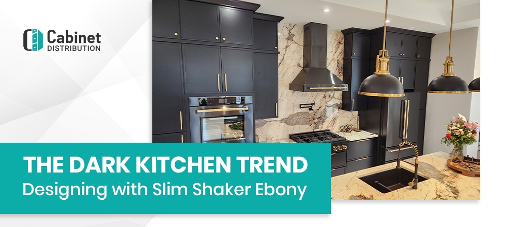 Slim Shaker Ebony kitchen cabinets with white quartz countertops and gold hardware