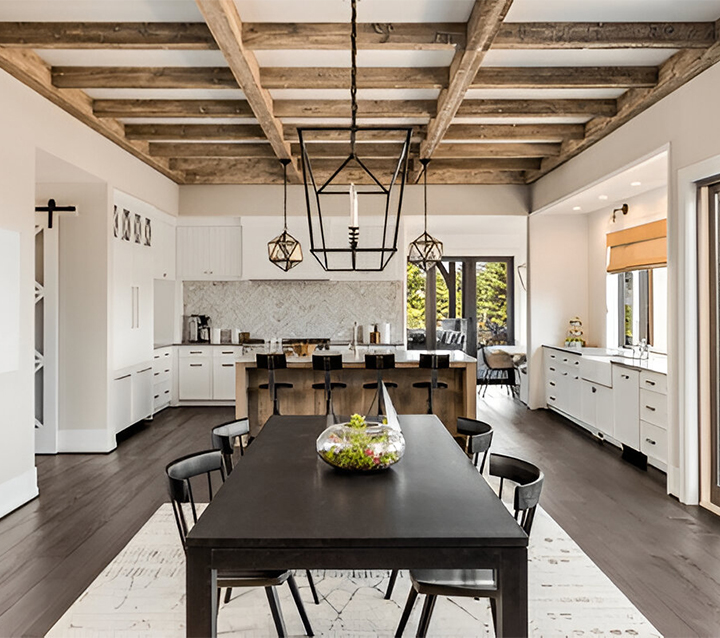 Rustic Ambiance in Small Kitchens with Exposed Wood Beams A cozy small kitchen with exposed wooden beams for a rustic ambiance