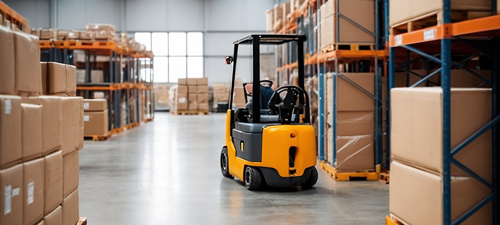 Warehouse storage with forklift and boxes ready to ship Warehouse storage with forklift and boxes ready to ship
