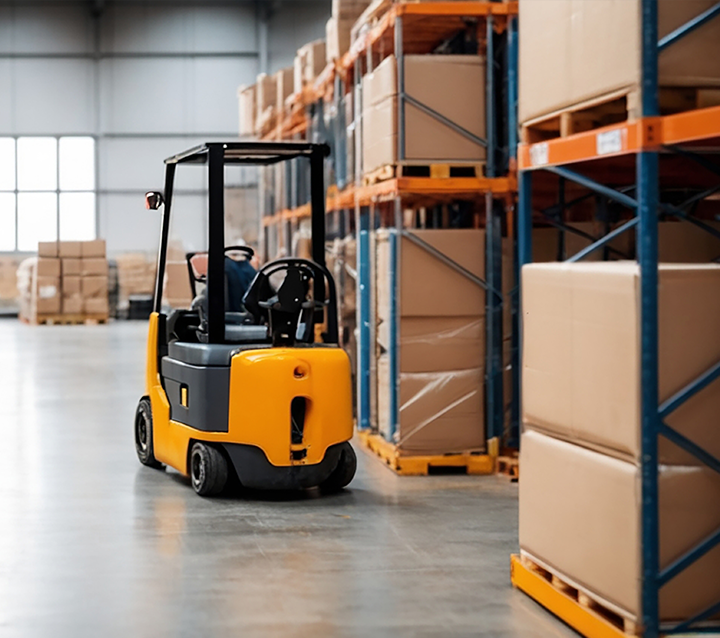 Warehouse storage with forklift and boxes ready to ship Warehouse storage with forklift and boxes ready to ship