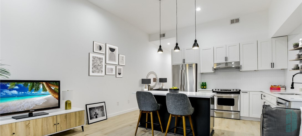 Open Concept Modern White Kitchen Layout