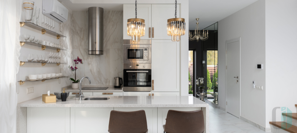 Statement Light Fixtures in Modern White Kitchen