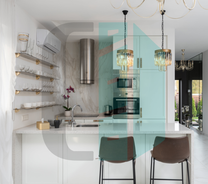 Statement Light Fixtures in Modern White Kitchen