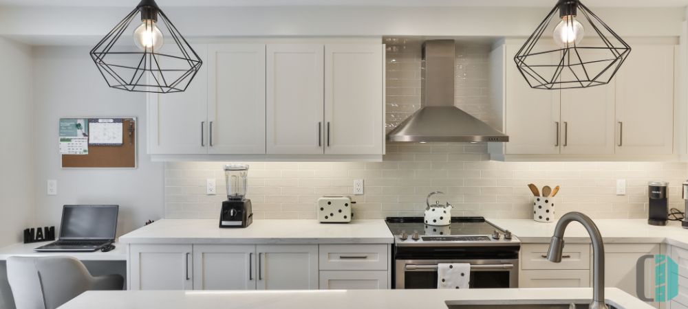 White Colored Kitchen Cabinets in Overhead Lightings