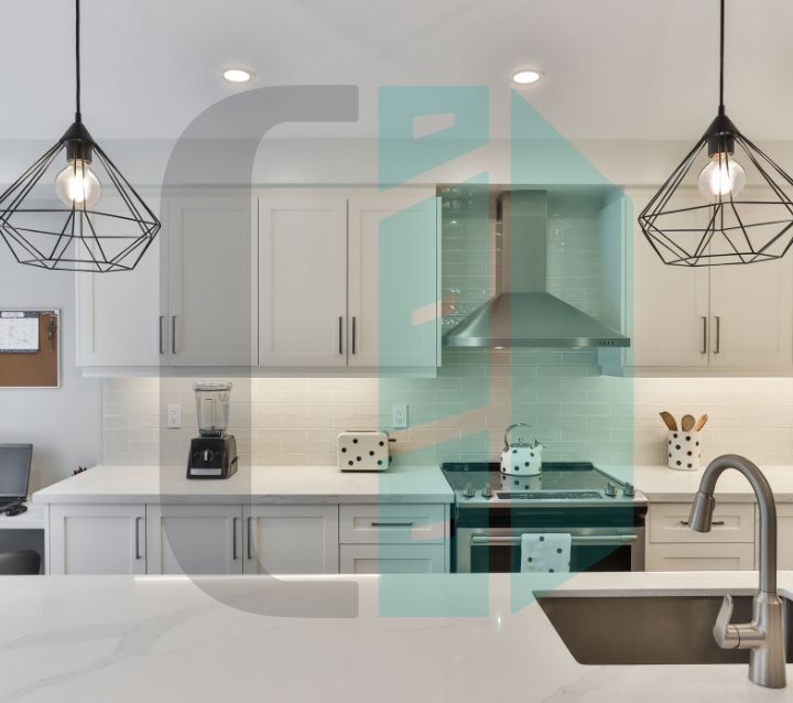 White Colored Kitchen Cabinets in Overhead Lightings