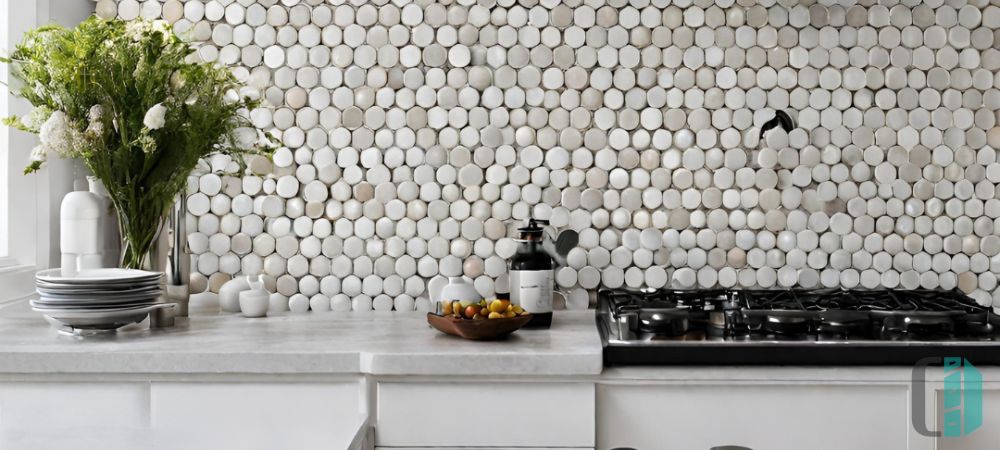 round penny tiles for white backsplash kitchen