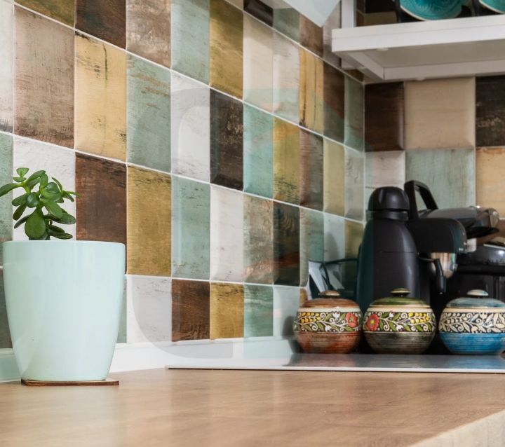 colorful patterned square tiles for white backsplash kitchen