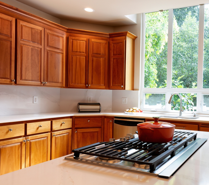 Espresso & Caramel Shaker Cabinets Dark caramel and espresso pre-stained shaker cabinets in kitchen