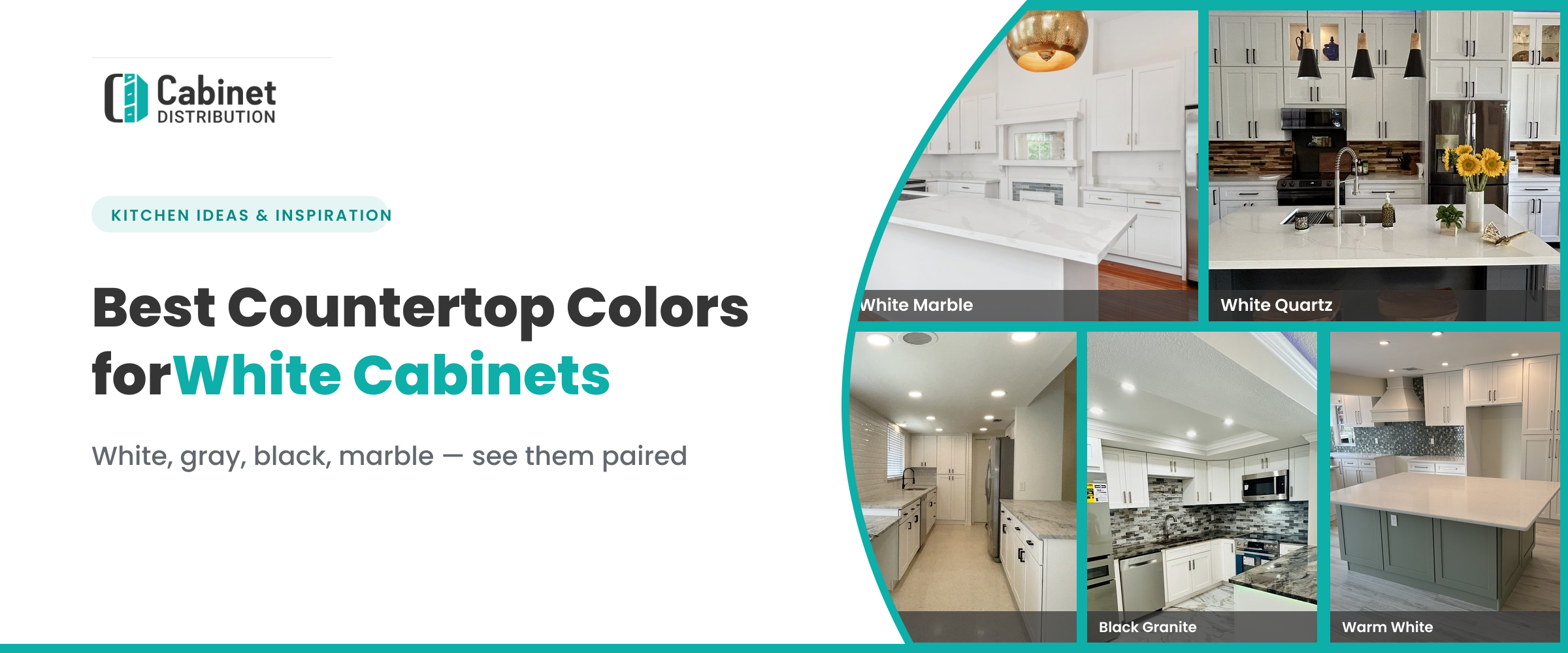 	Graphic of white cabinets with a countertop and color options, for the best countertop colors for white cabinets