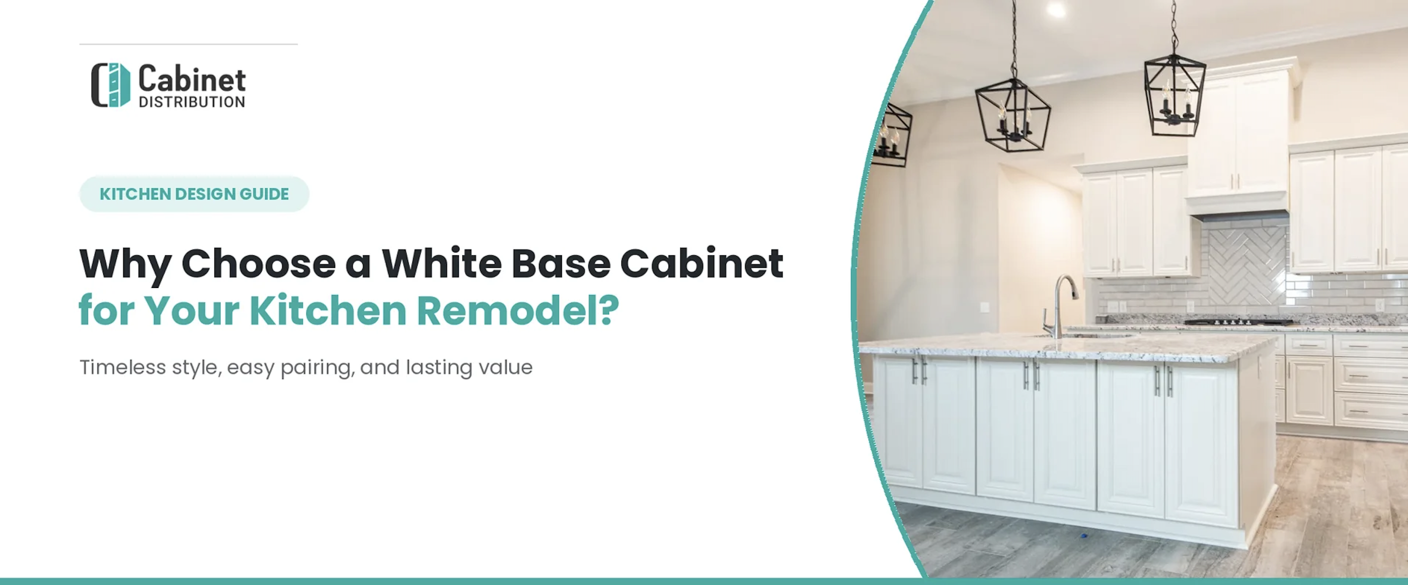 White base cabinet kitchen remodel guide banner from Cabinet Distribution