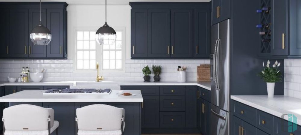 Dark Gray Kitchen Cabinets with Crisp White Countertops