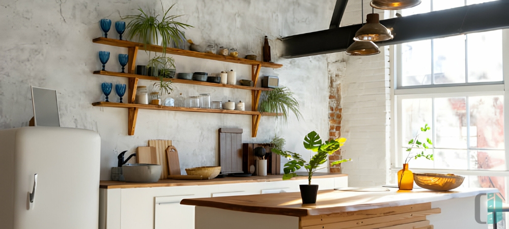 Floating Shelves Accent Wall in Luxury Kitchen