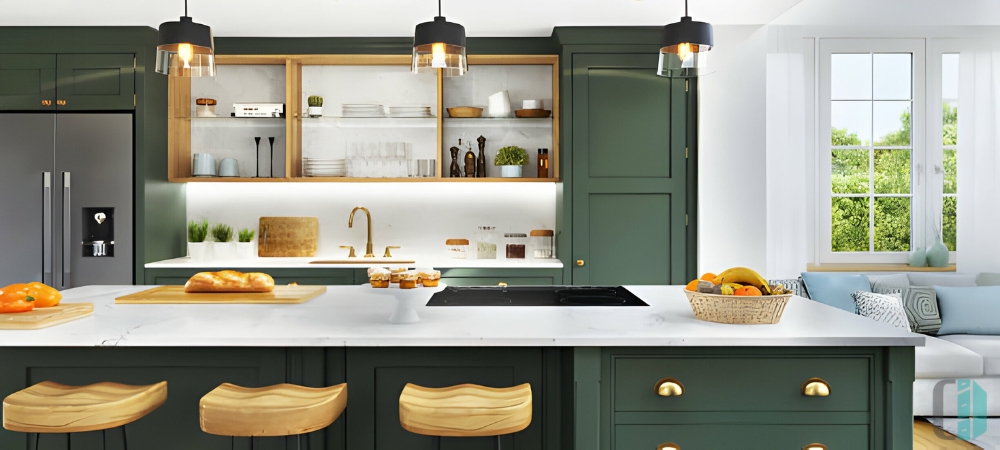 Gorgeous Green Statement Kitchen Island in Luxury Kitchen