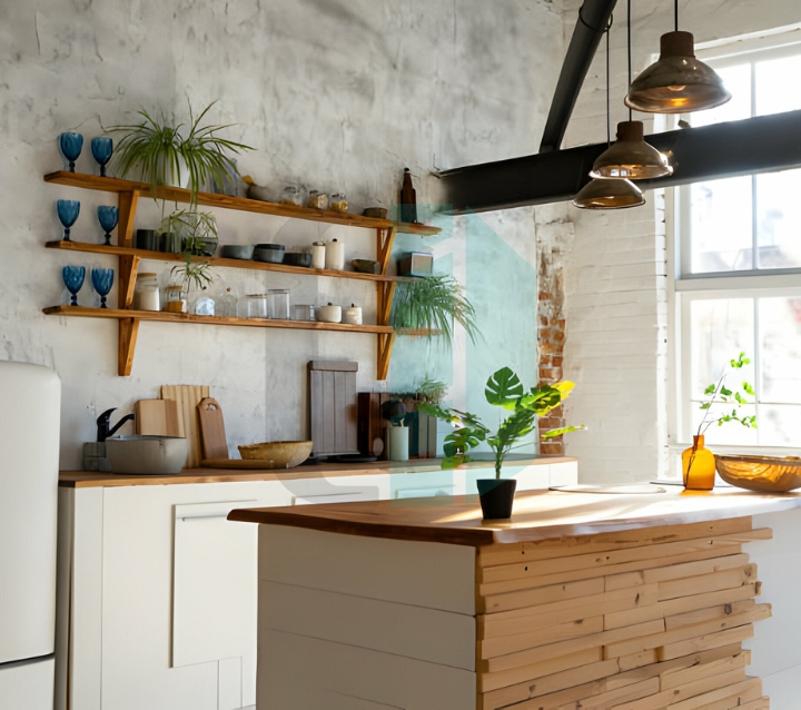 Floating Shelves Accent Wall in Luxury Kitchen