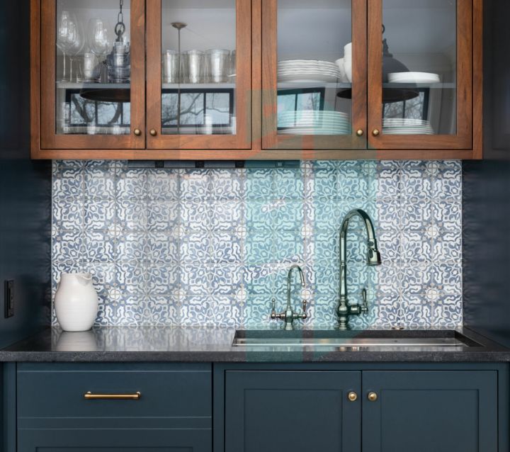 Mixing Blue Cabinets with Woods Accent 